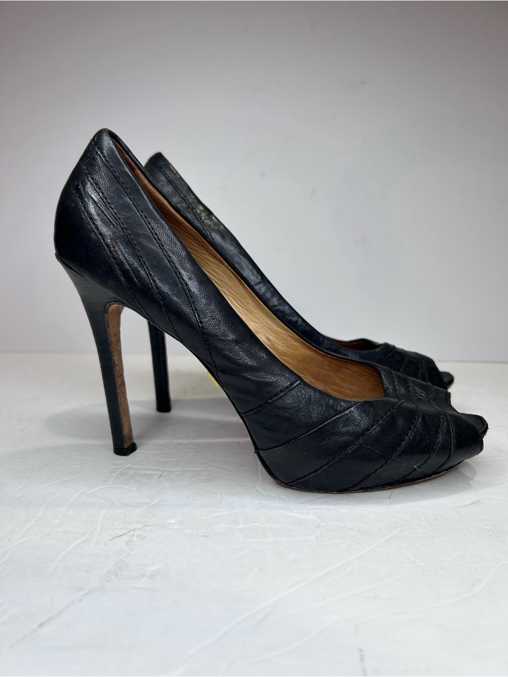 L.A.M.B. Gwen Stefani Tansy Black Leather Peep-Toe Stiletto Heels Pumps 8 M